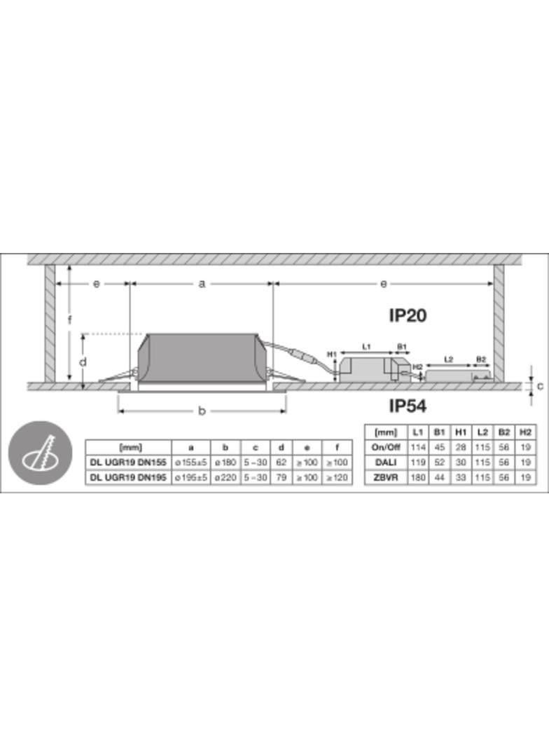 Oprawa DOWNLIGHT UGR19 DN195 PFM 21W 830 DALI WT