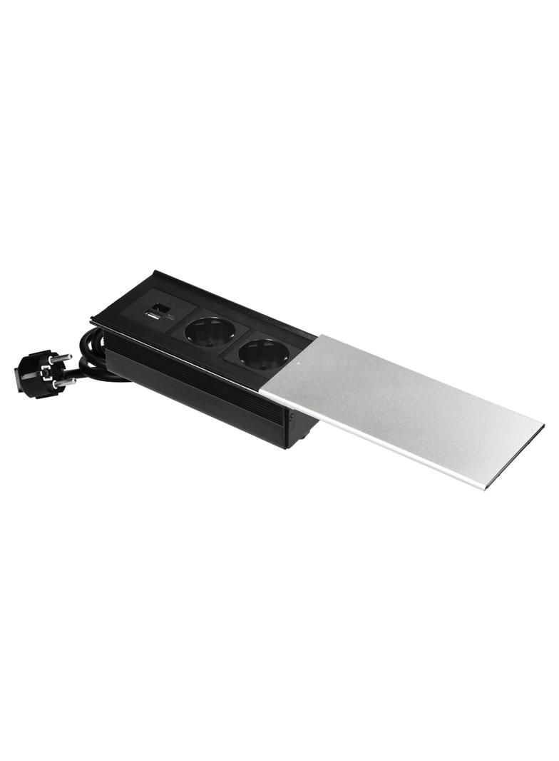 "Gniazdo meblowe z przesuwną klapką i przewodem 1,8m, 2x2P+Z (Schuko), 2xUSB (typ A+C