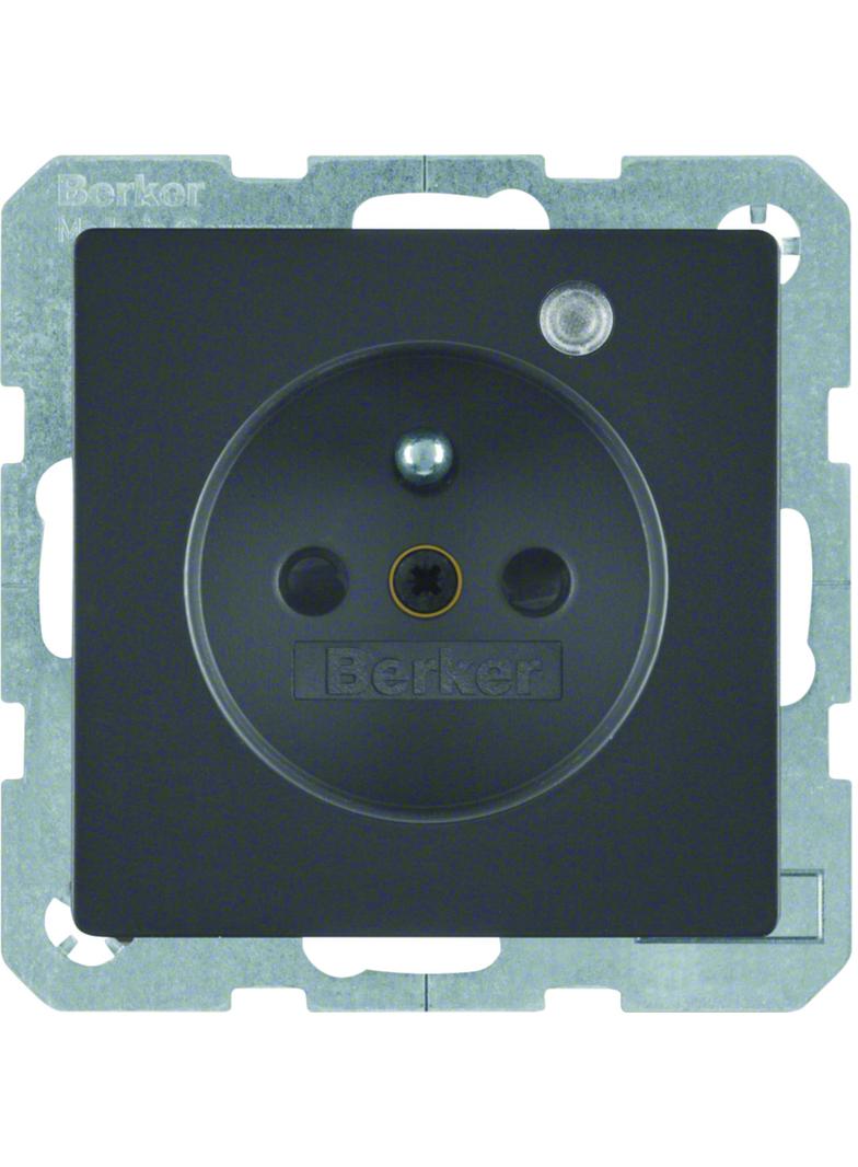BERKER Q.x Gniazdo z uziemieniem z diodą kontrolną LED z podwyższoną ochroną styków antracyt aksamit lakierowana 6765096086 HAGER