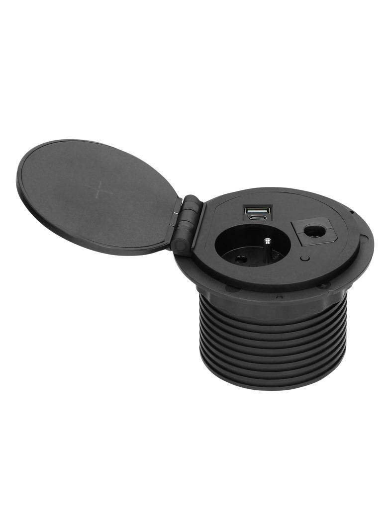 Gniazdo meblowe O8cm wpuszczane w blat z ładowarką indukcyjną ładowarką USB z 2 gniazdami A i C pr O