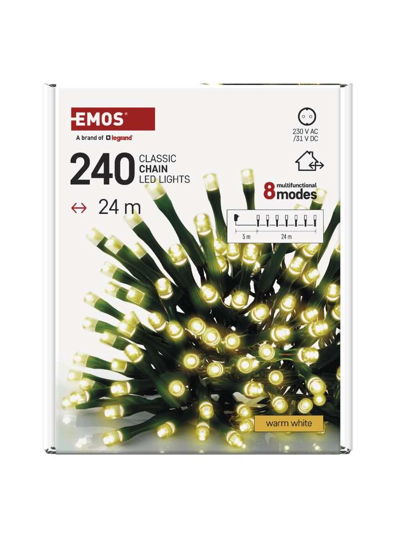 Lampki choinkowe Classic 240 LED 24m ciepła biel zielony przewód IP44 8 program. timer D4AW25 EMOS