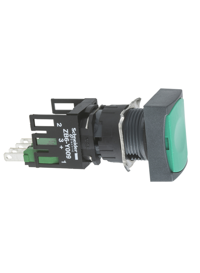 Harmony XB6 Kompletny przycisk, Zielony, Płaski, 1 NO + 1 NC, Prostokątny, Faston, 16 mm, Plastikowy