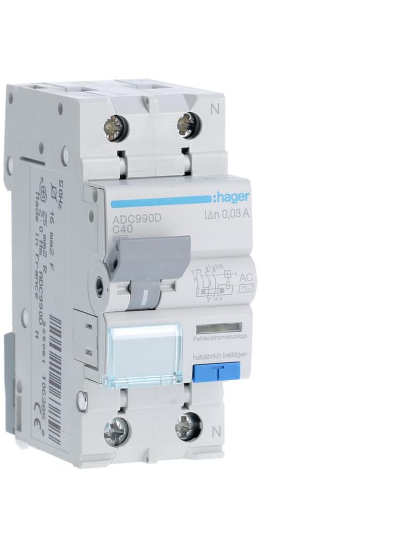 RCBO Wyłącznik różnicowoprądowy z członem nadprądowym 1P+N 6kA C40A 30mA Typ AC ADC990D HAGER