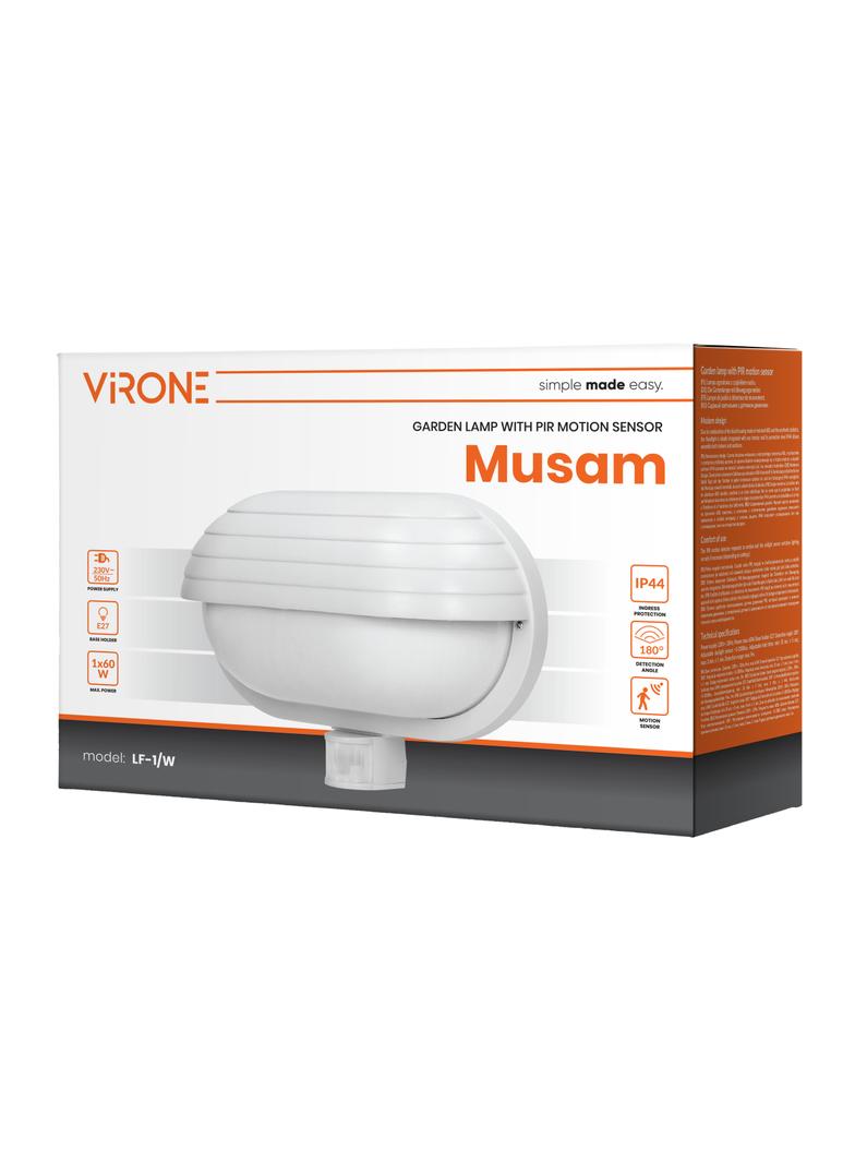 MUSAM, oprawa ogrodowa z czujnikiem ruchu 180st, 1x60W, E27, IP44, z przesłoną, plastik, biała LF-1/W ORNO