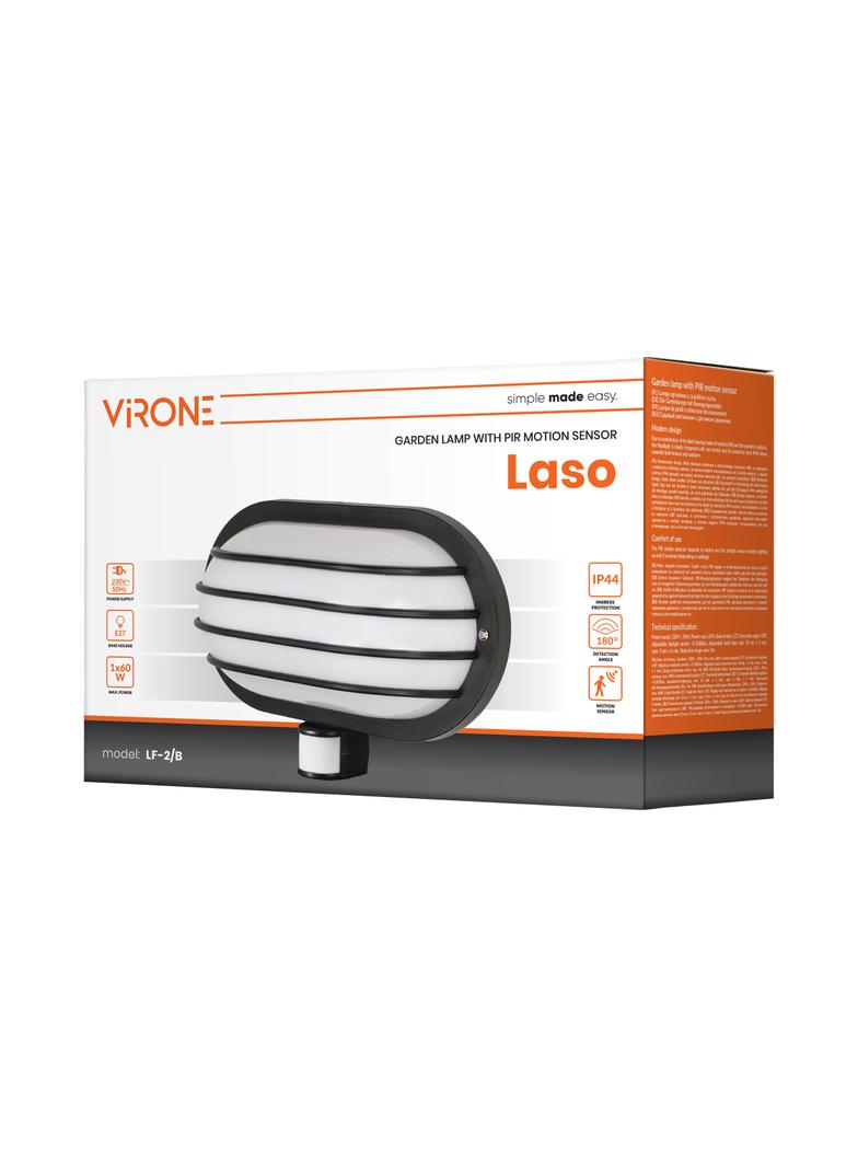 LASO, oprawa ogrodowa z czujnikiem ruchu 180st, 1x60W, E27, IP44, plastik, czarna LF-2/B ORNO