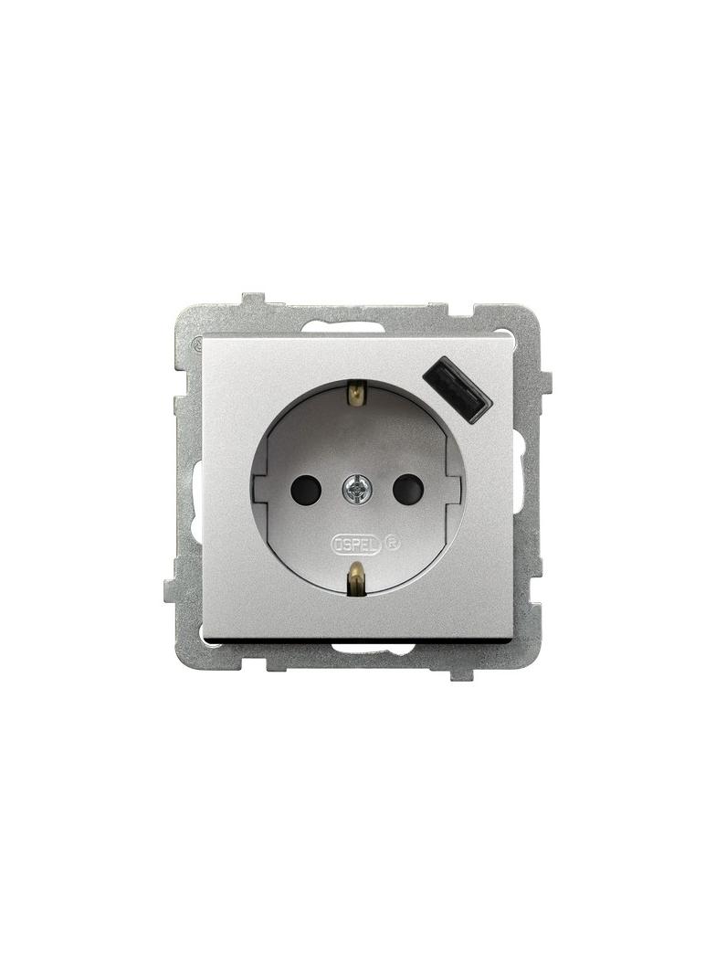 SONATA Gniazdo pojedyncze z uziemieniem schuko z przesłonami torów prądowych z ładowarką USB kolor srebro mat GP-1RSPUSB/m/38 OSPEL