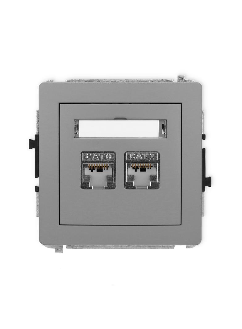 DECO Mechanizm gniazda komputerowego podwójnego 2xRJ45, kat. 6, ekranowany, 8-stykowy szary mat