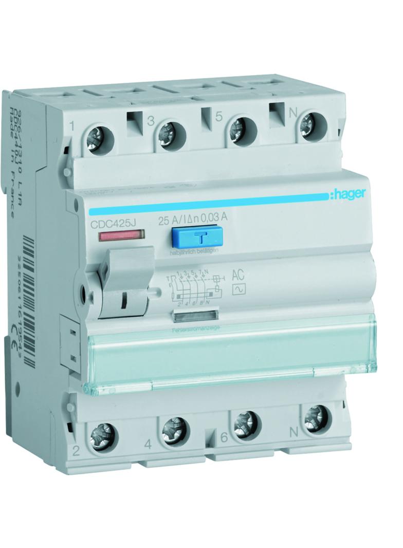 RCCB Wyłącznik różnicowoprądowy 3P+N 25A 30mA 6kA AC CDC425J HAGER