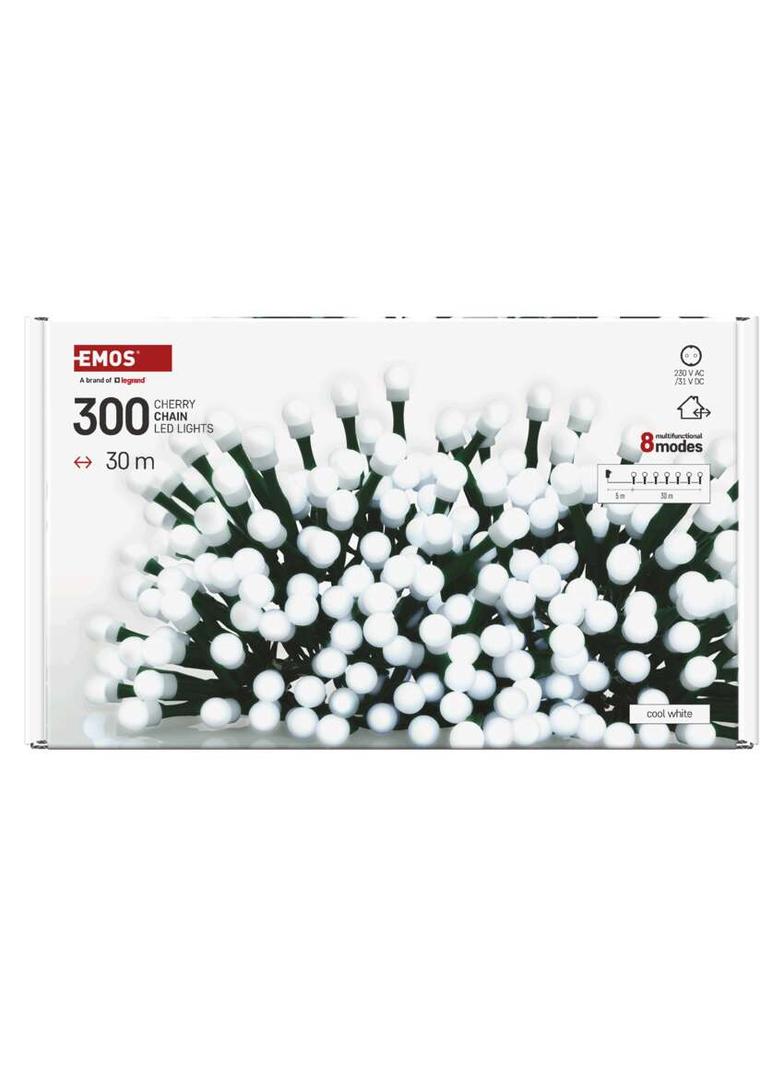 Lampki choinkowe 300 LED cherry 30m zimna biel zielony przewód IP44 8 programów timer D5AC24 EMOS