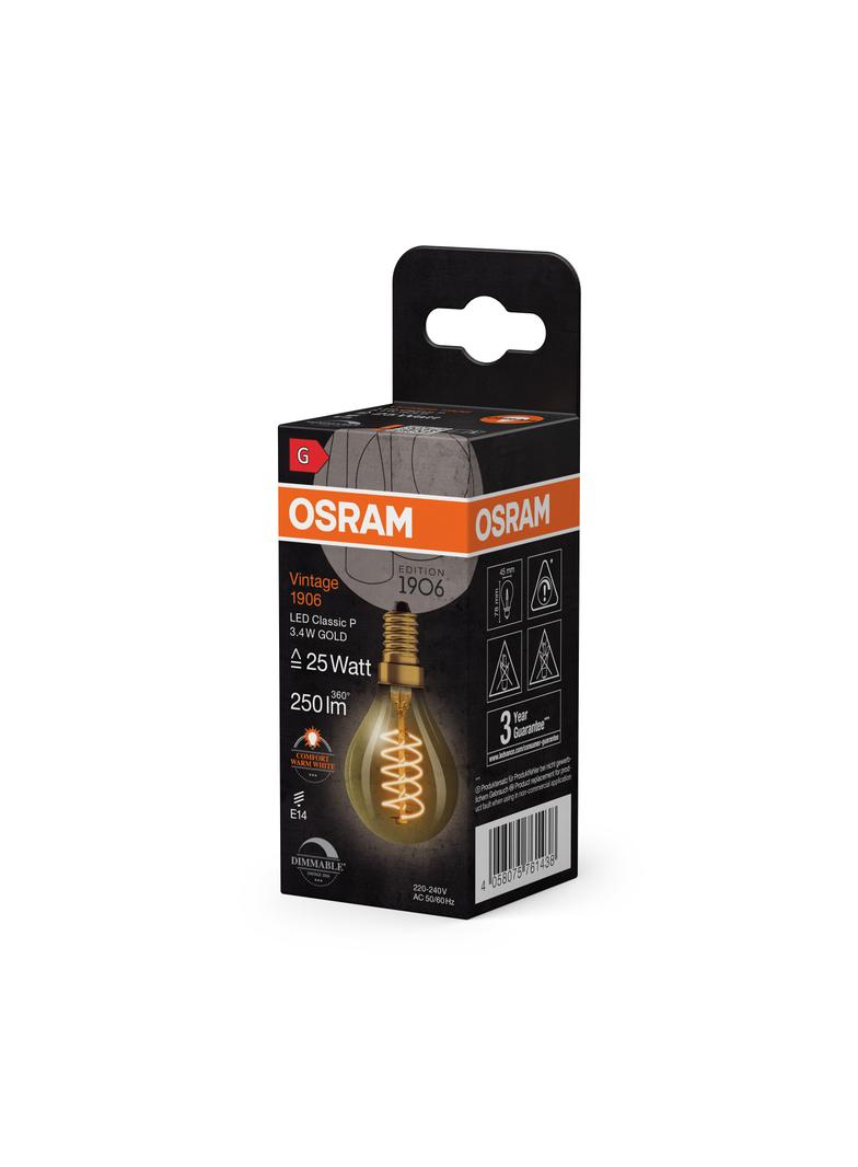 Lampa LED Vintage 1906 CL P Filament szkło przezroczyste GOLD 25 dim 3,4W 824 E14