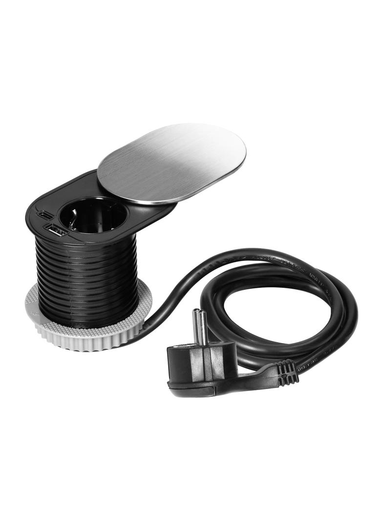 Gniazdo meblowe O6cm, wpuszczane w blat z przesuwną pokrywką, ładowarką USB i przewodem 1,9m, 1x2P+Z
