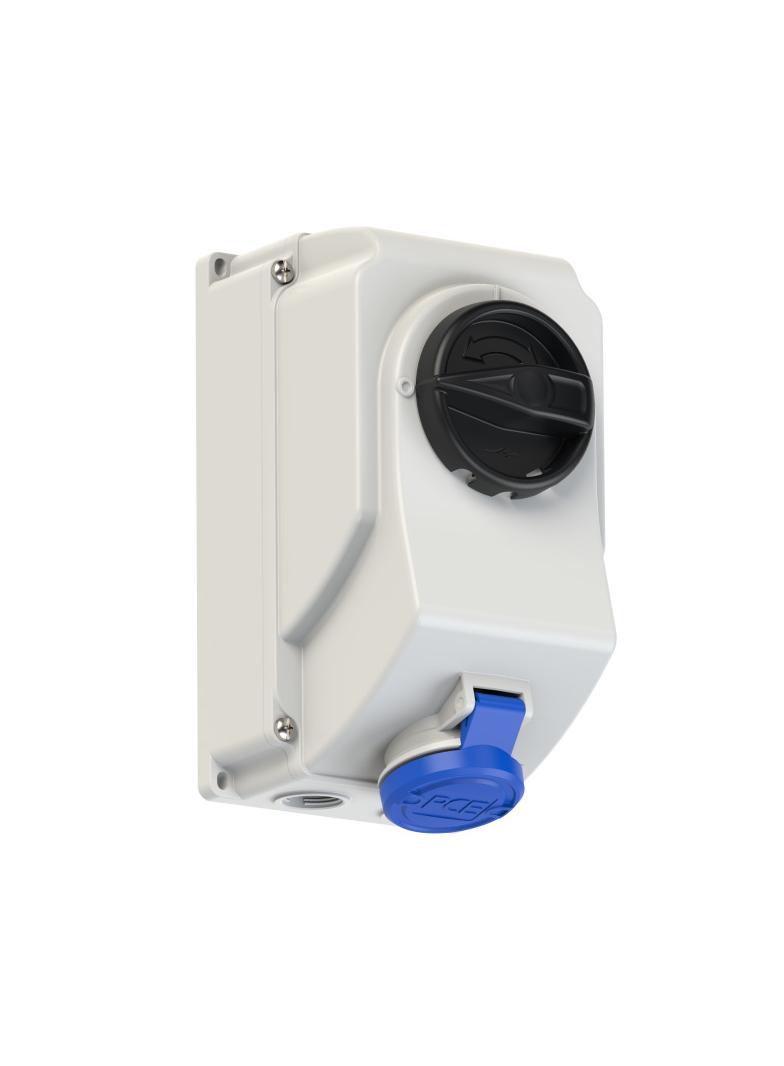 GNIAZDO Z WYŁĄCZNIKIEM 0-1 DUŻE BLOKADA MECHANICZNA 16A 230V 2P+Z IP44 7513-6 46186 PCE