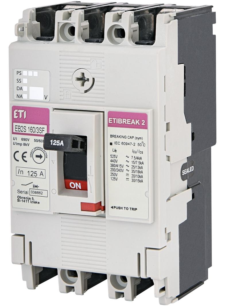 Wyłącznik mocy 3P 25kA wyzw. TM (bez regulacji) EB2S 160/3SF 125A 3P 004671836 ETI