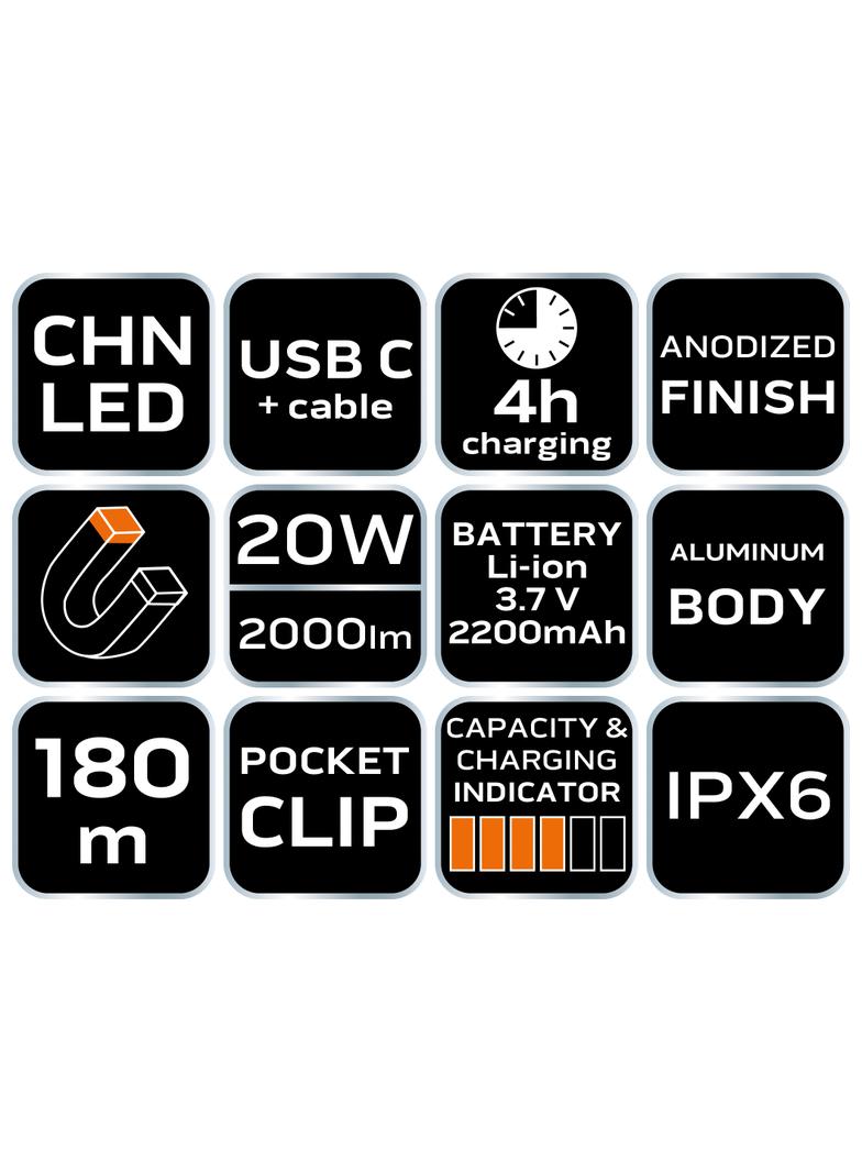 Latarka akumulatorowa USB C 2000 lm CHN LED