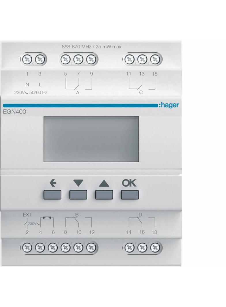 Wielofunkcyjny zegar cyfrowy z Bluetooth, 16A, 4-krotny EGN400 HAGER