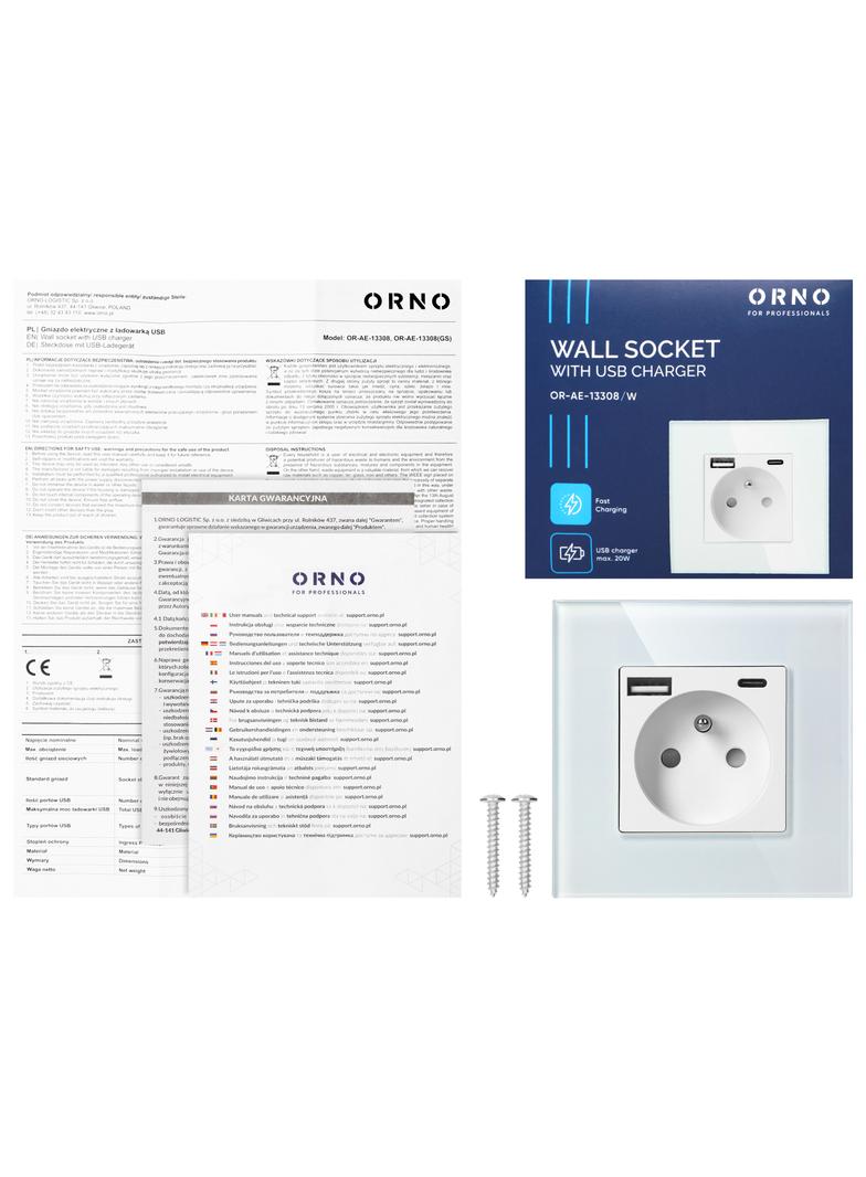 Gniazdo pojedyncze 2P+Z, USB-A + USB-C, PD, max. 20W, biały OR-AE-13308/W ORNO