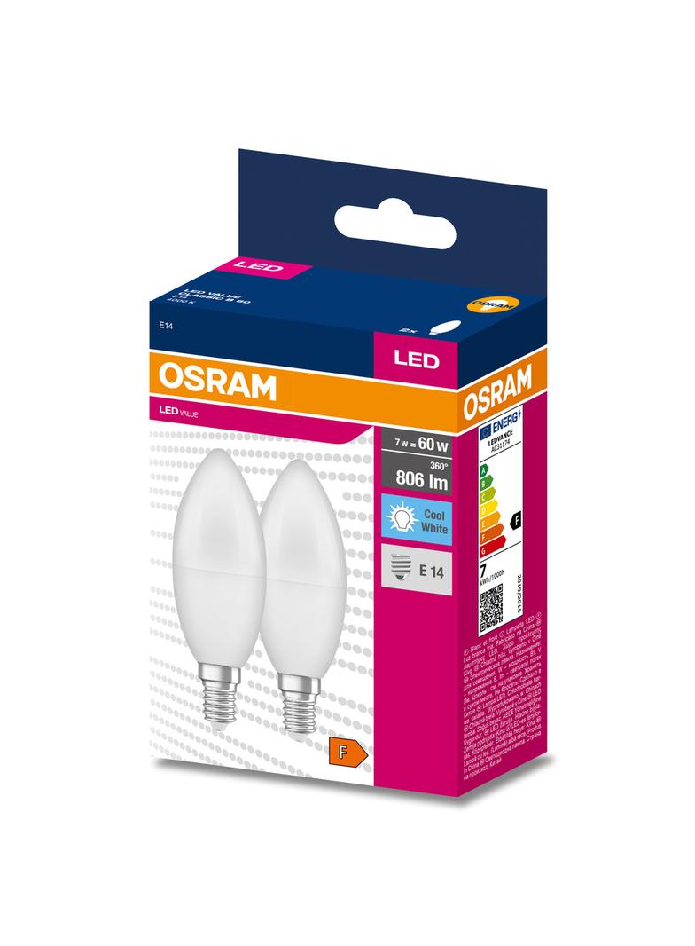 Żarówka LED x2 B39 Świeczka E14 7.5W = 60W 806lm 4000K Neutralna 200° VALUE CLASSIC Osram