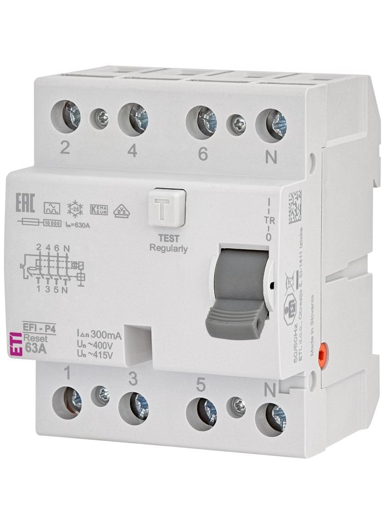 Wyłącznik różnicowoprądowy - z funkcją Reset EFI-P4R A 63/0.3 3P+N 63A 300mA Typ A 002061883 ETI