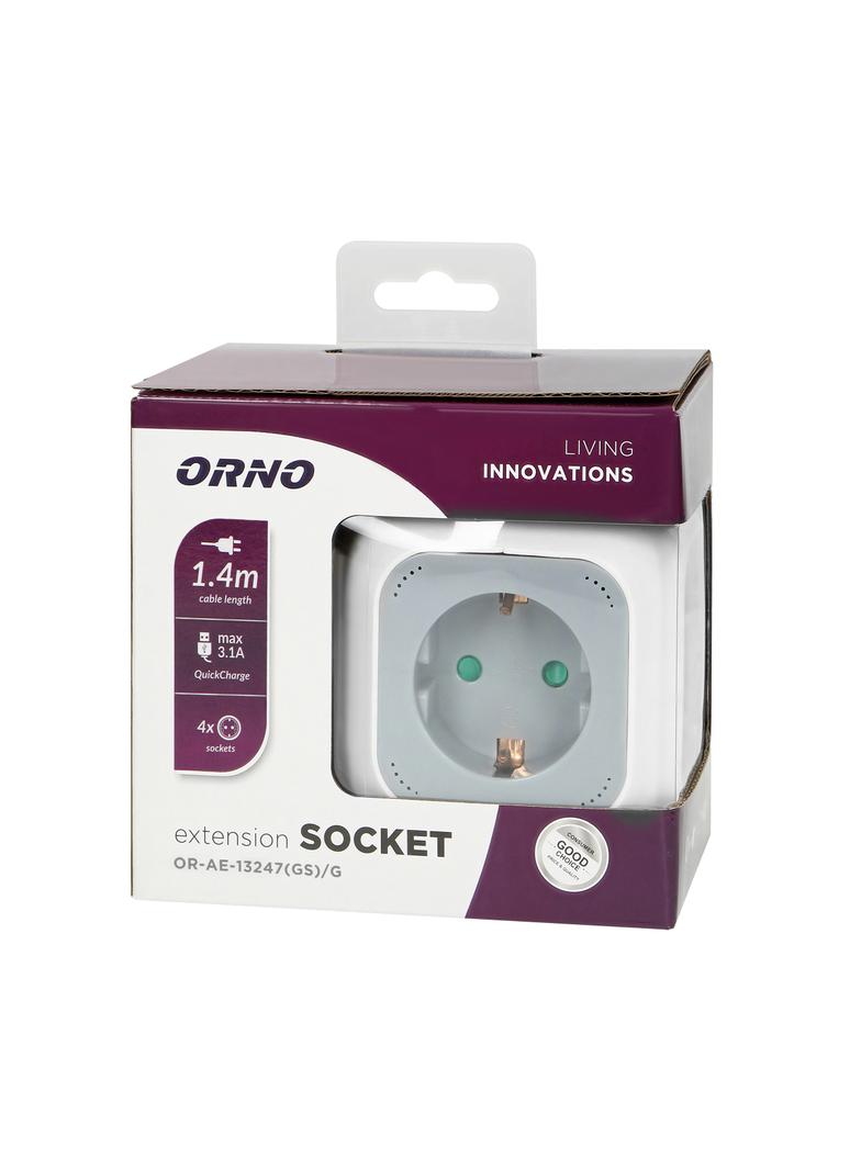 Przedłużacz 4x2P+Z (Schuko) ładowarka USB A+C Quick charge 1,4m H05VV-F 3x1,5mm2 szary OR-AE-13247(G