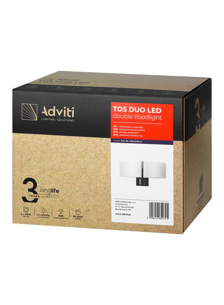 TOS DUO LED 2x20W podwójny naświetlacz ogrodowy 2x1600lm IP65 4000K, PC czarny AD-NL-6603BL4 ORNO