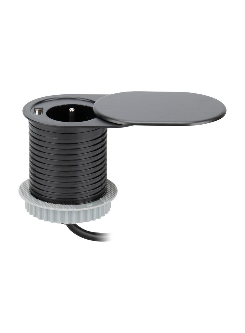 Gniazdo meblowe O6cm, wpuszczane w blat z przesuwną pokrywką, ładowarką USB i przewodem 1,9m, 1x2P+Z