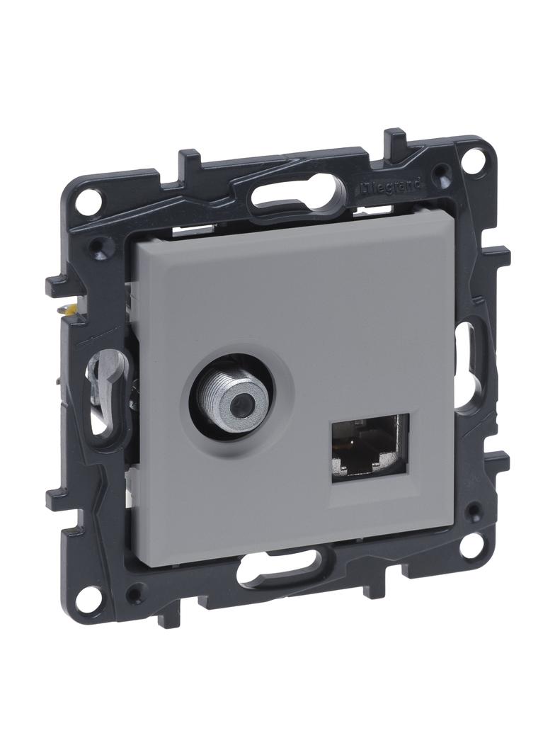 Niloe Step - Gniazdo Tv Typu ''F'' Końcowe Do Instalacji Typu Gwiazda 1,5 Db + Rj 45 Kat. 6 Utp- Kolor Aluminium 863377 LEGRAND