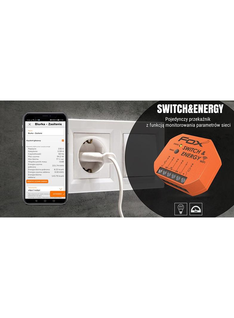 SWITCH & ENERGY Pojedynczy przekaźnik Wi-Fi 230V z funkcją monitorowania parametrów sieci.