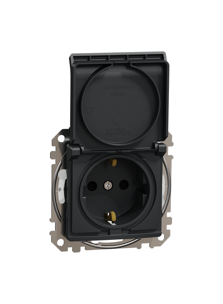 Sedna Design & Elements Gniazdo schuko z przesłonami IP44 czarny antracyt SDD214023 SCHNEIDER