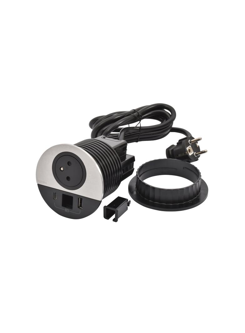 INCARA: DISQ 80 - 2P+Z / USB A+C / WYJŚCIE KABLOWE - 2,0 M-METAL/CZARNY, Legrand