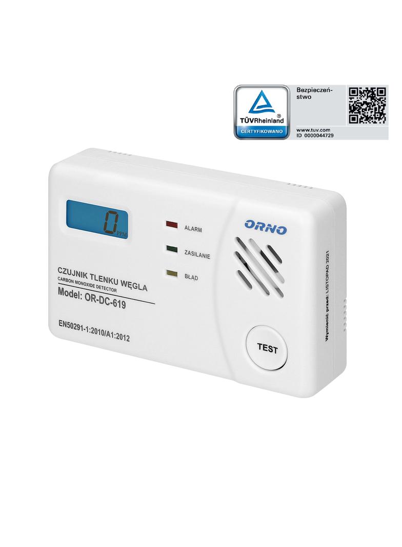 Bateryjny czujnik tlenku węgla (czadu) z wyświetlaczem prostokątny 3xAA TEST OR-DC-619-TEST ORNO