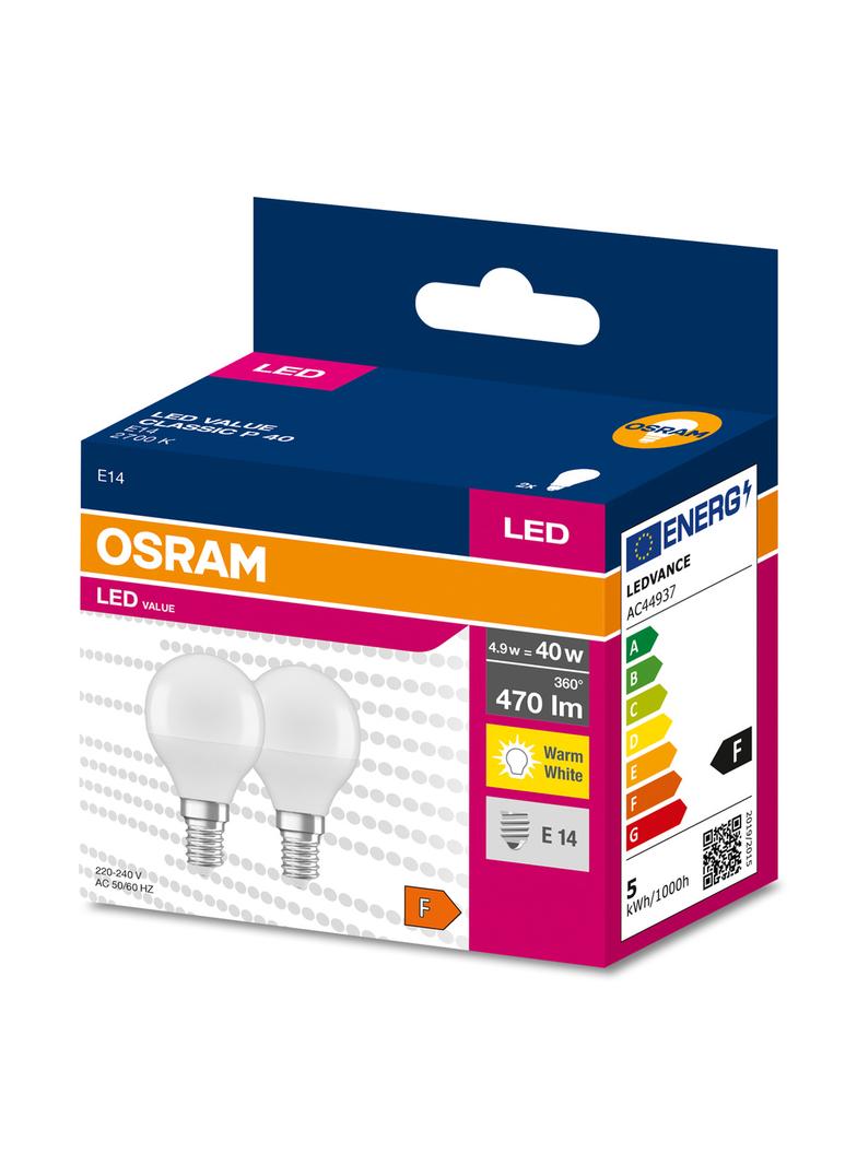 Żarówka LED x2 P45 Kulka E14 4.9W = 40W 470lm 2700K Ciepła 200° VALUE CLASSIC Osram