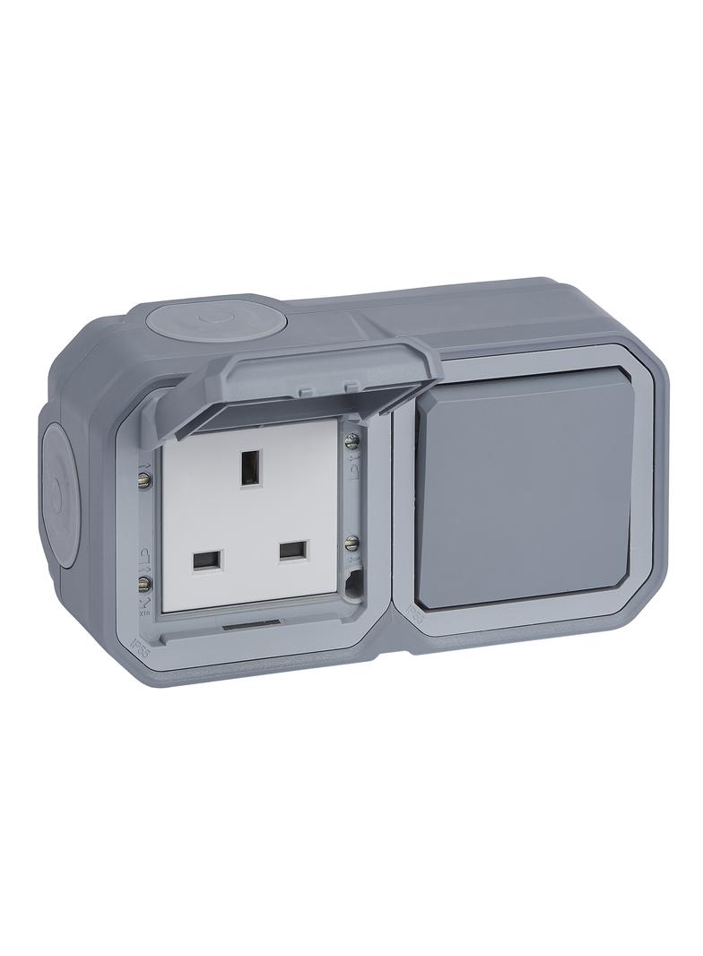 NOWE PLEXO - GN. BRYTYJSKIE 2P+Z + ŁĄCZ. SCHODOWY NATYNKOWE 16A- 250V~ SZARE