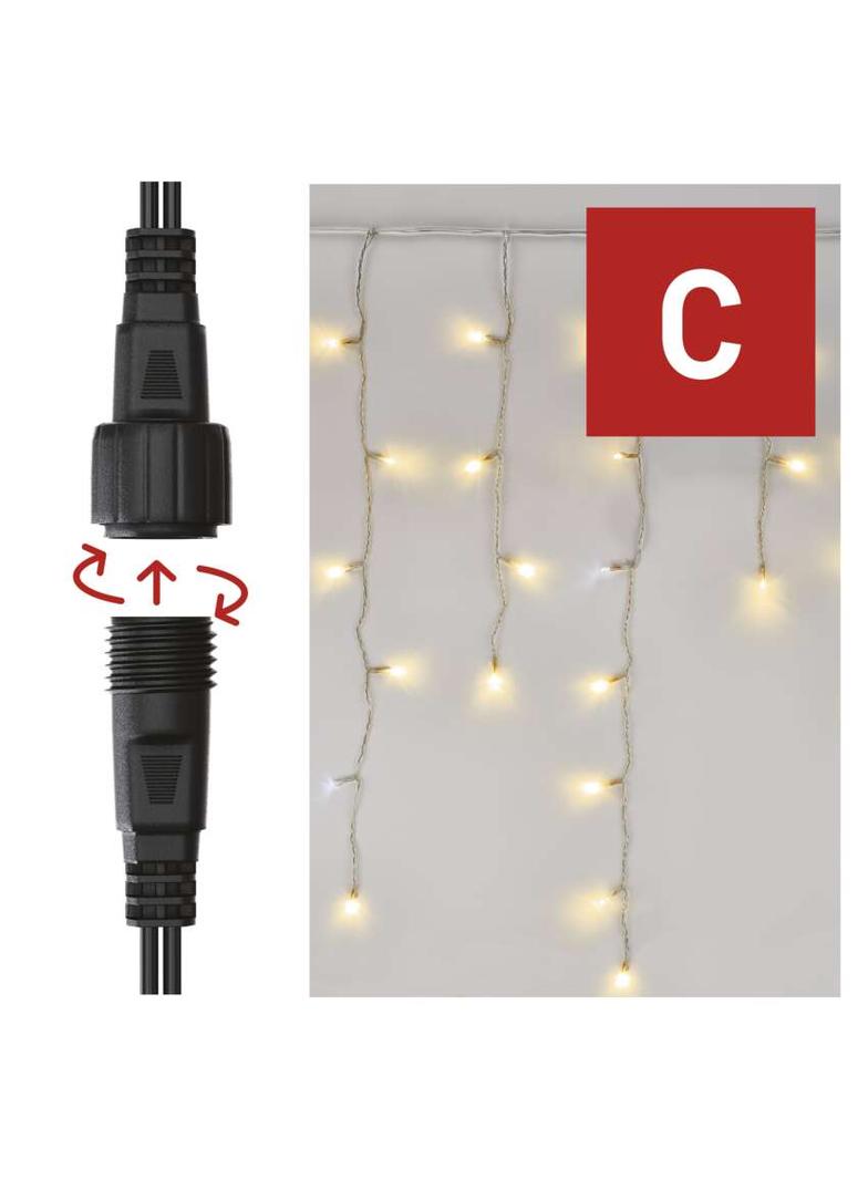Lampki choinkowe łączone Standard sople 100LED 2,5 m ciepła biel+ciepła biel miga IP44 timer D1CN01 EMOS