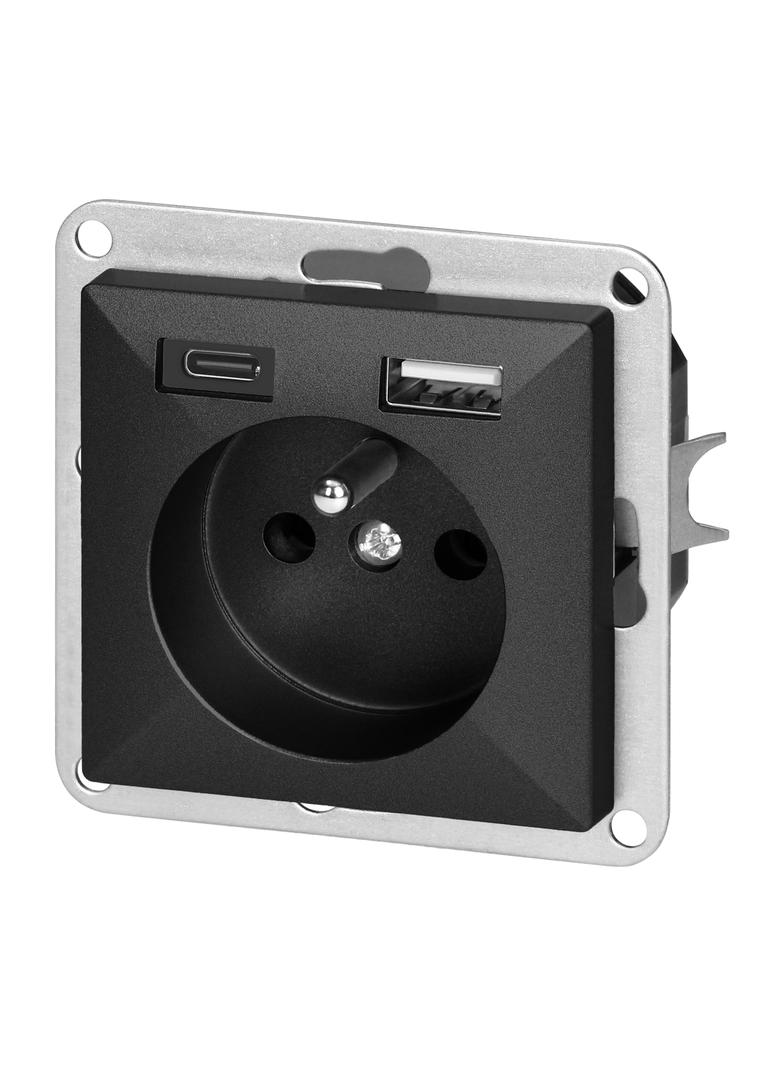 Gniazdo pojedyncze podtynkowe 2P+Z z ładowarką USB A+C Pearl, 16A, 250V, PT-16P/USB, czarny OR-OE-7705/USBAC/B ORNO