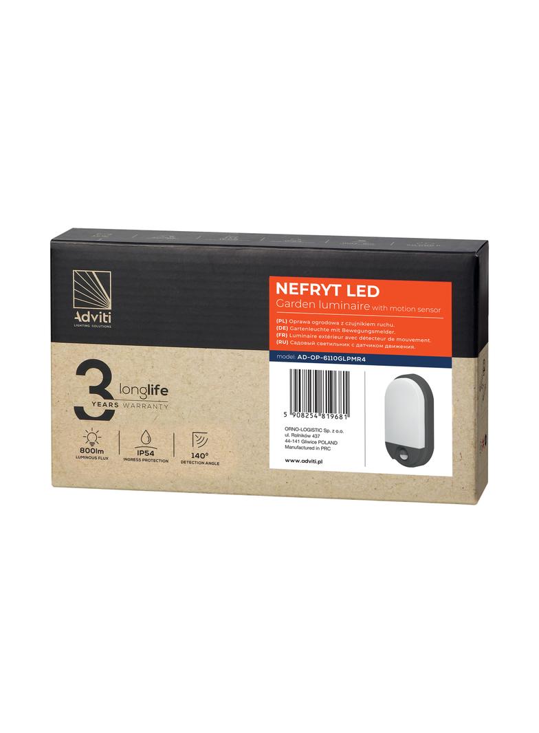 NEFRYT LED 10W, oprawa ogrodowa z czujnikiem ruchu, 800lm, IP54, 4000K, szara AD-OP-6110GLPMR4 ORNO