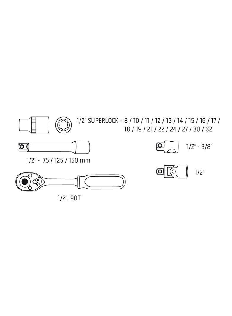 Klucze nasadowe 1/2", zestaw 23 szt.