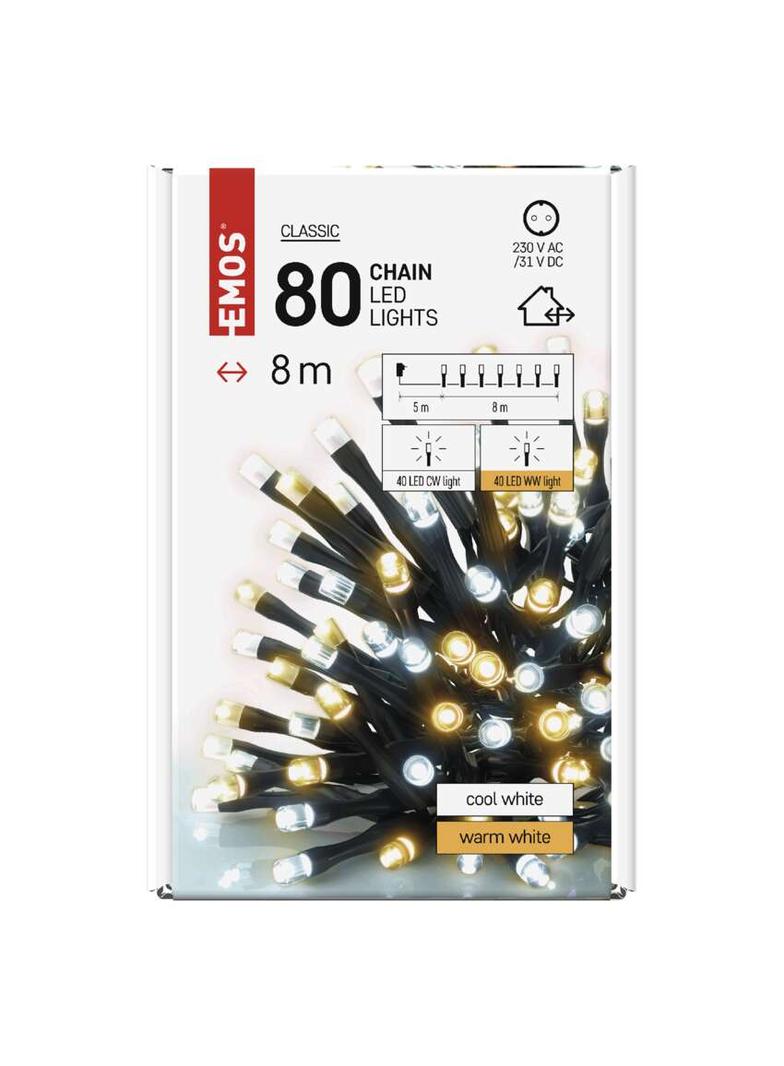 Lampki choinkowe Classic 80 LED 8m ciepła + zimna biel zielony przewód IP44 timer D4AN04 EMOS