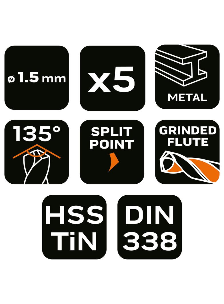 Wiertła do metalu HSS-TiN 1.5 mm, 5 szt.