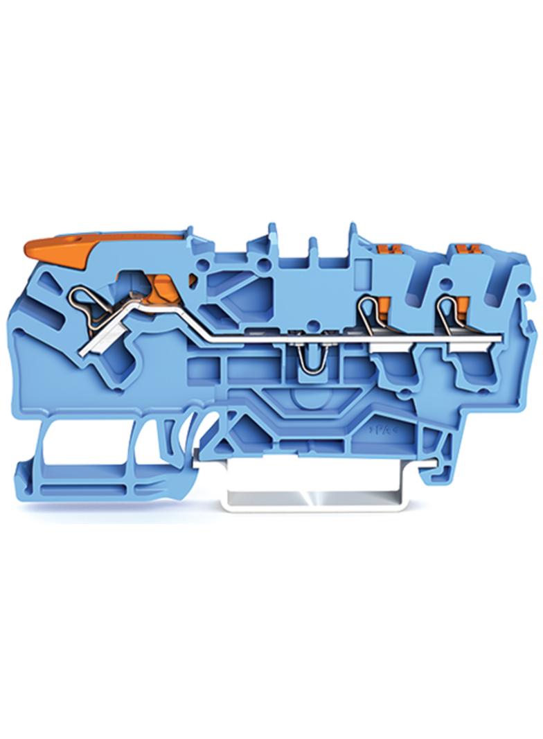 3-przewodowa złączka przelotowa z dźwignią i przyciskiem 2,5 mm2, niebieski