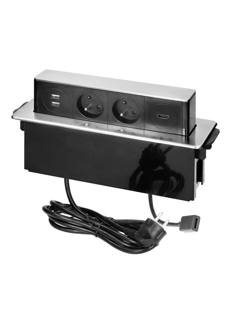 Gniazdo meblowe wysuwane z blatu z płaskim frezowanym rantem ładowarką USB i przewodem 2m 2x2P+Z OR-