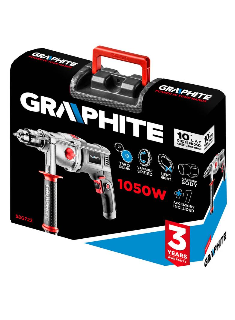 Wiertarka udarowa dwubiegowa 1050W, uchwyt kluczykowy 13 mm, obroty I: 1100, II: 3000 min?1, walizka