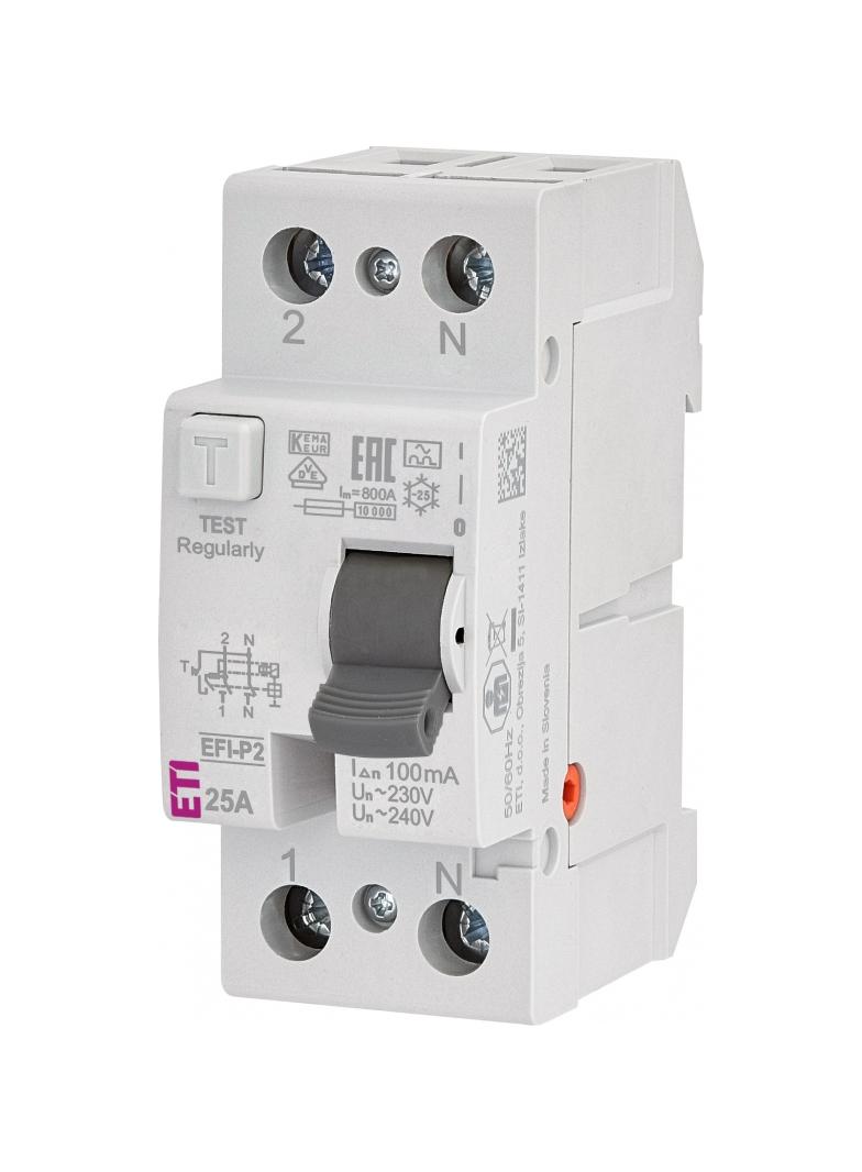 Wyłącznik różnicowoprądowy EFI-P2 A 25/0.1 1P+N 25A 100mA Typ A 002061121 ETI