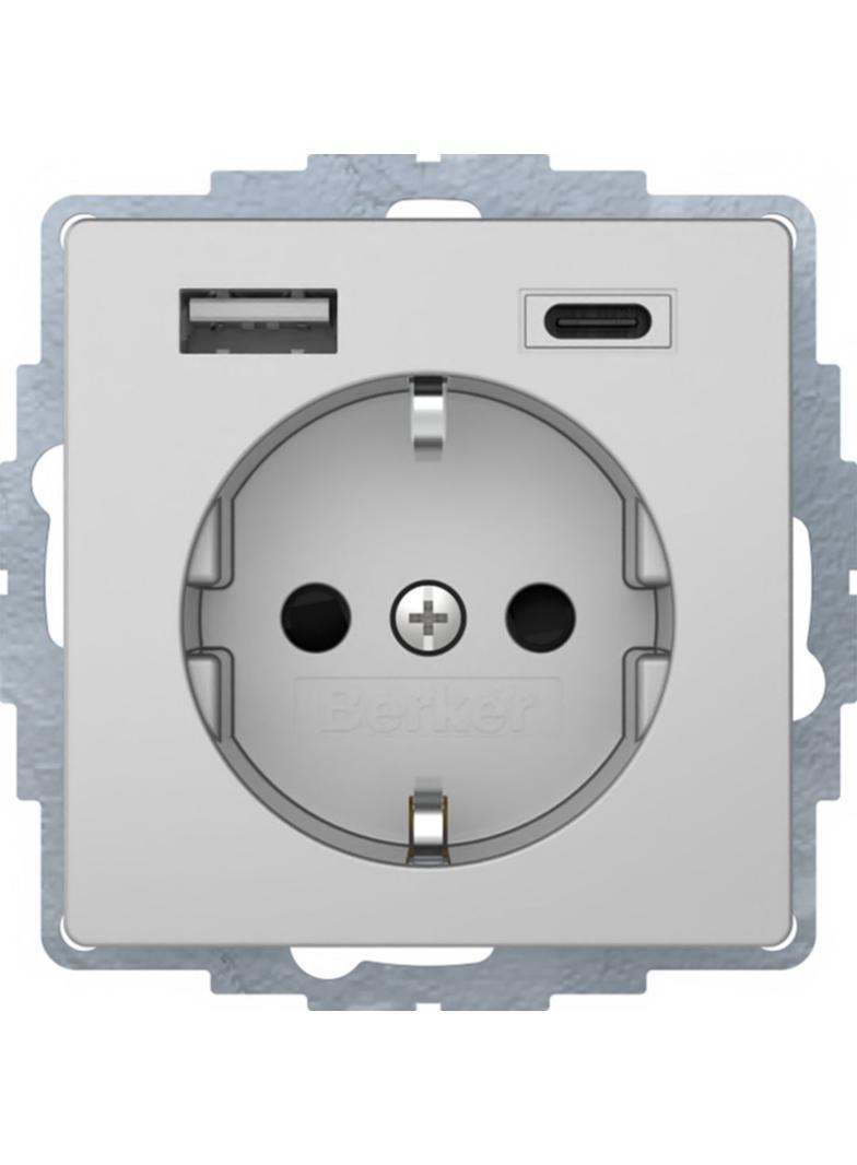Q.x Gniazdo SCHUKO z ładowarką USB A+C 2.4/3.0 A; samozaciski; alu aksamit