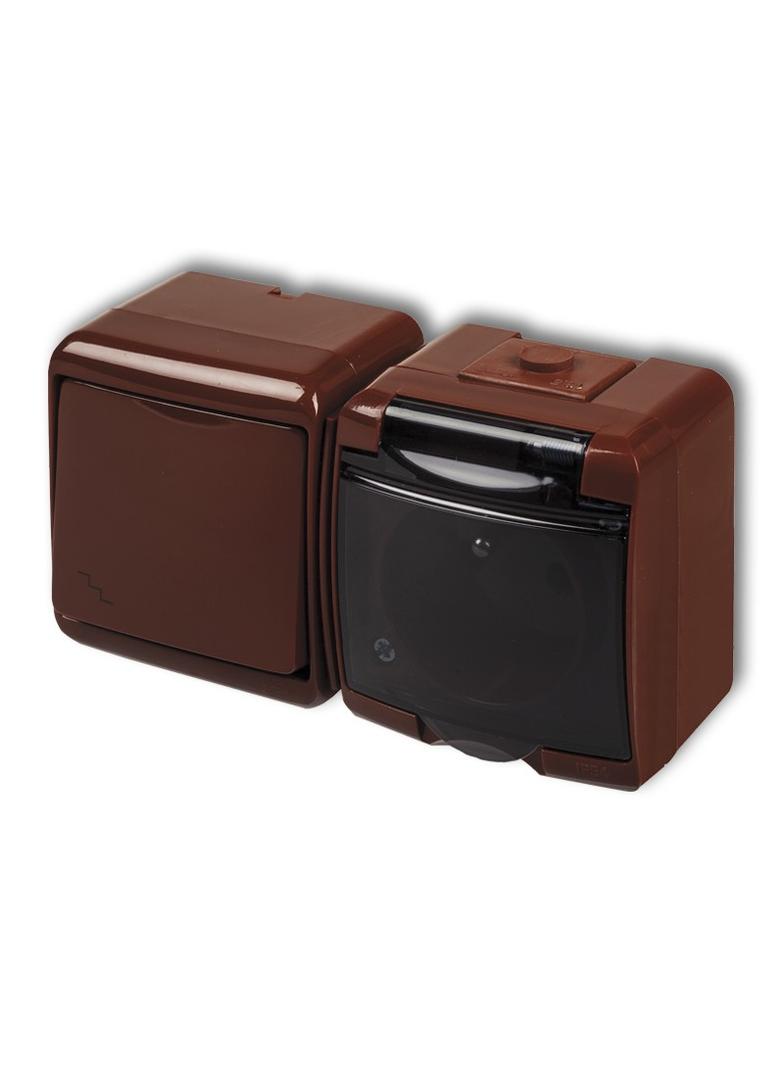 JUNIOR Łącznik schodowy z gniazdem pojedynczym z uziemieniem 2P+Z (klapka dymna; bez przesłon) brązo