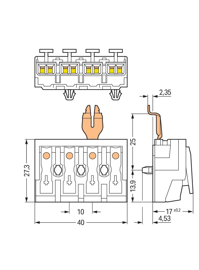 złączka zasilająca 4-biegunowa ze stopkami ze styk. PE
