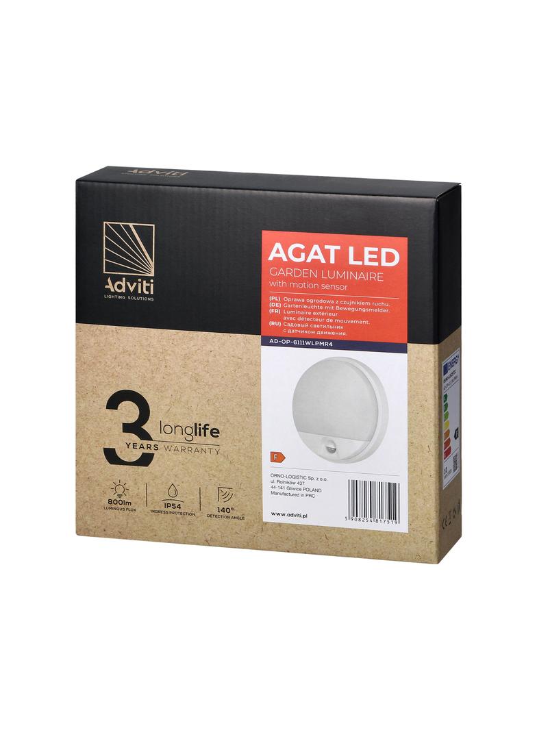 AGAT LED 10W, oprawa ogrodowa z czujnikiem ruchu 140st, 850lm, IP54, 4000K, biała AD-OP-6111WLPMR4 ORNO