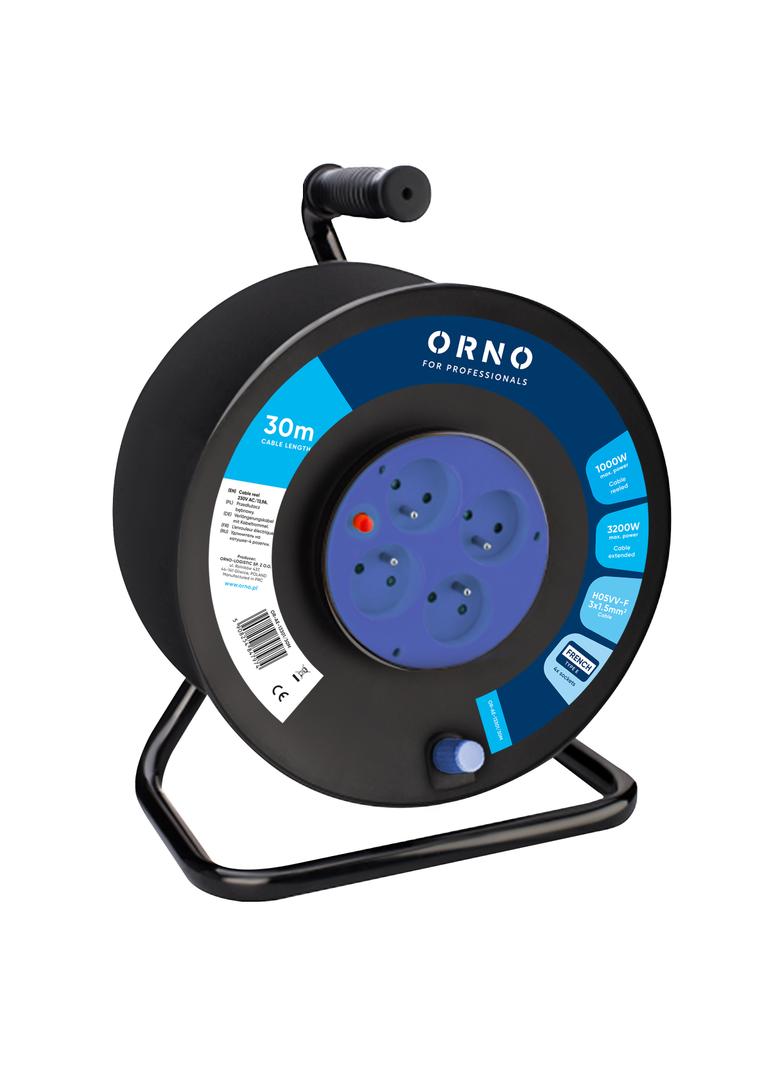 Przedłużacz bębnowy, 4 gniazda 2P+Z, kabel PVC H05VV-F 3x1.5mm2, 30m, termik, przesłony torów prądow