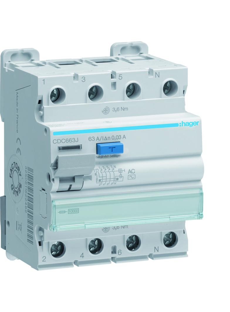 RCCB Wyłącznik różnicowoprądowy 3P+N 63A 30mA 10kA AC