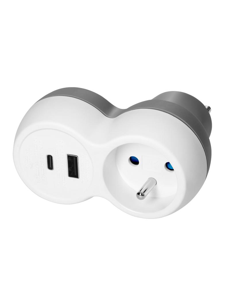 Rozgałęźnik 2P+Z, USB-A+C, biało-szary