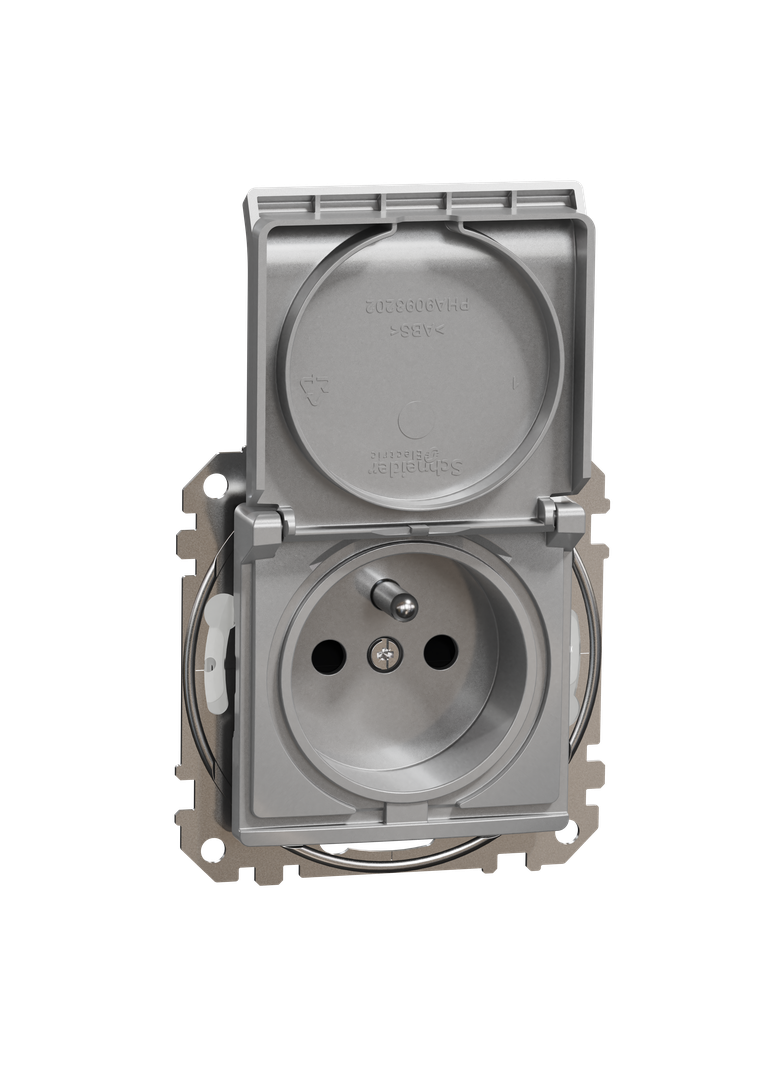 Sedna Design & Elements Gniazdo pojedyncze z uziemieniem z przesłonami zaciski bezgwintowe IP44 srebrne aluminium SDD213014 Schneider